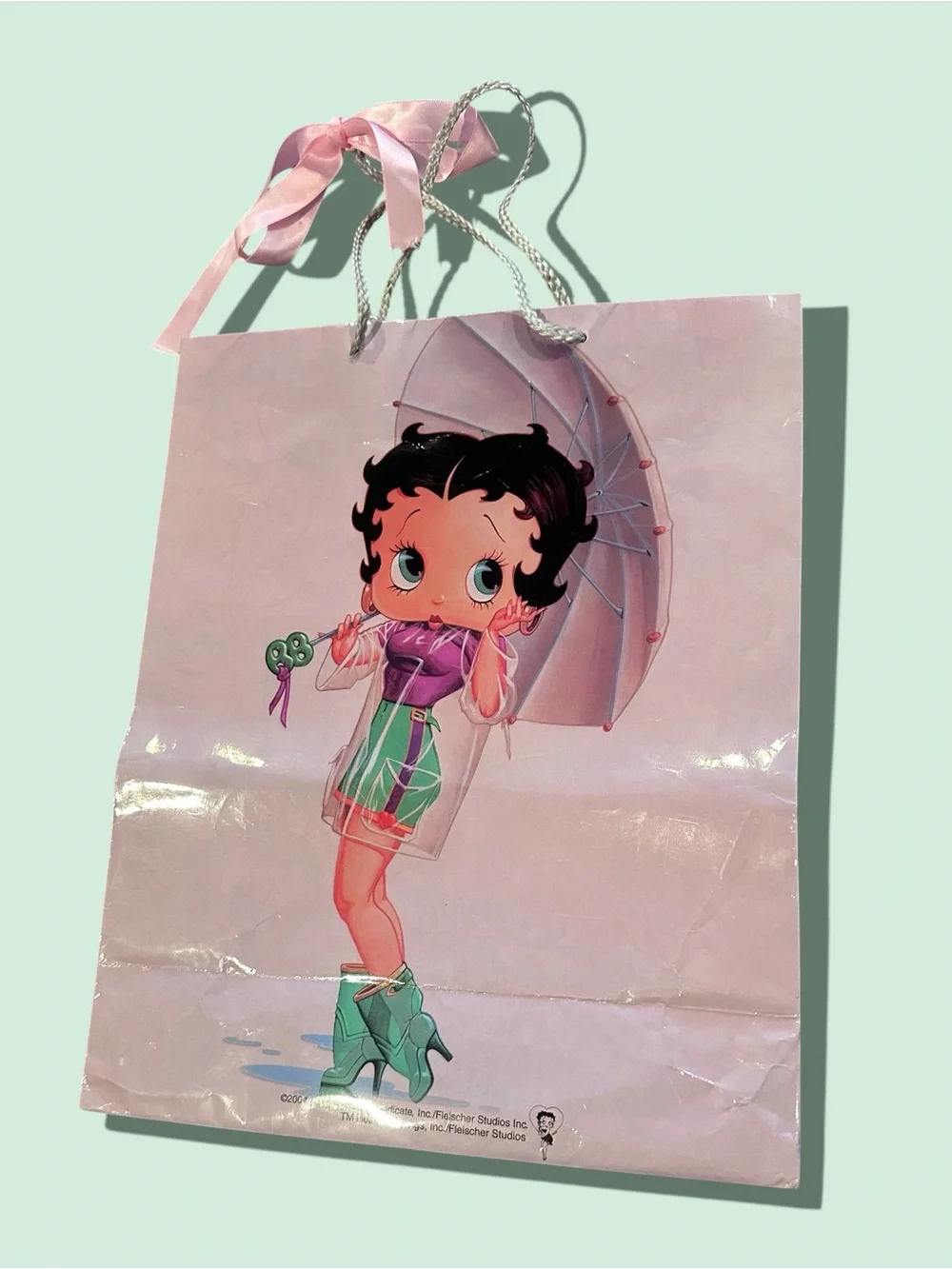 Vintage 2004 Pink Betty Boop Rain Go Away Graphic Gift Bag with Ribbon Handles